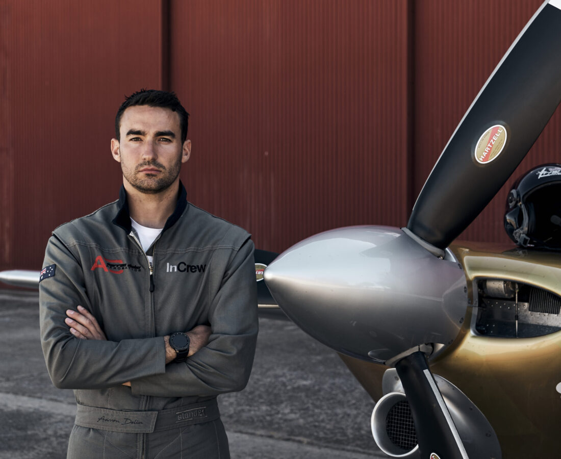 Aarron Deliu (prepares/poses for a photograph) during a trainings camp for the Red Bull Air Race World Championship in Ocana, Spain on May 14, 2019.